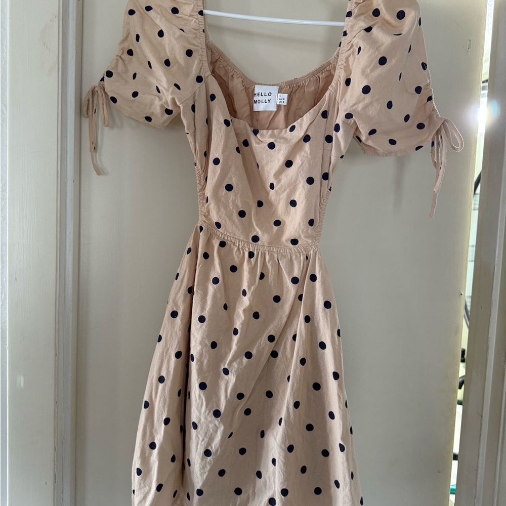 Hello Molly Polka Dot Dress - Tan and dark navy